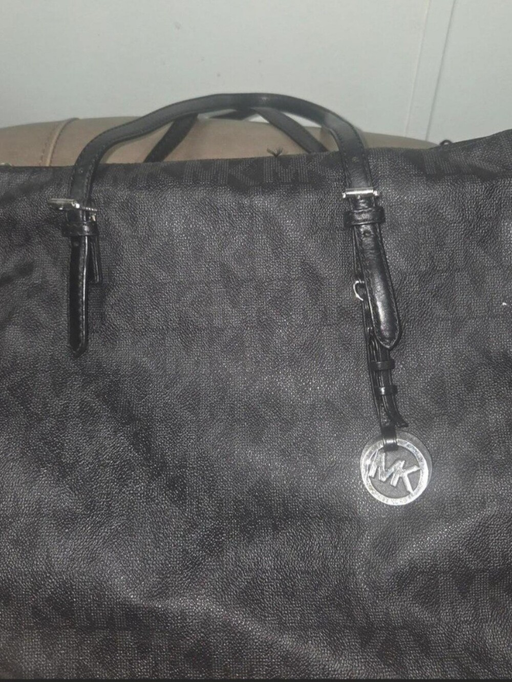Michael Kors Black Logo-Print Shoulder Tote with Silver MK Charm